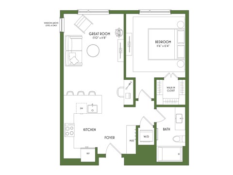A floor plan of a house with a kitchen, bathroom, and bedrooms.